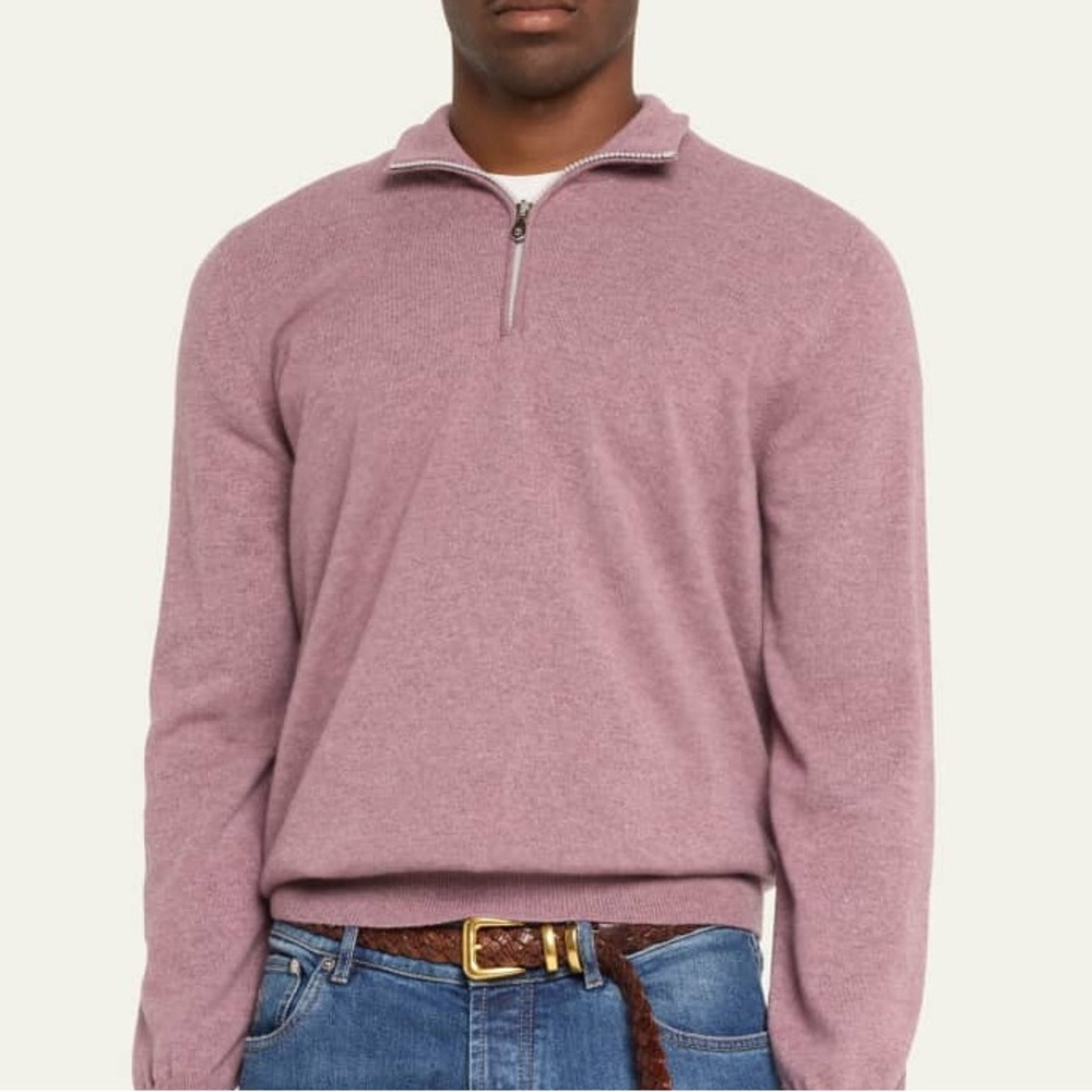 BRUNELLO CUCINELLI Men's Cashmere Quarter-Zip Sweater Light Red